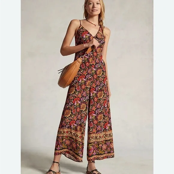Anthropologie Kachel 12 Floral Jumpsuit ~ Wide Crop Leg Boho Festival Y2K - Picture 1 of 10